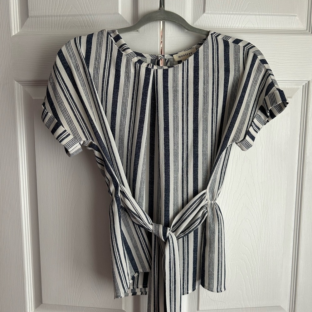 Monteau Navy Blue and White Flutter Sleeve Blouse with Tie Front